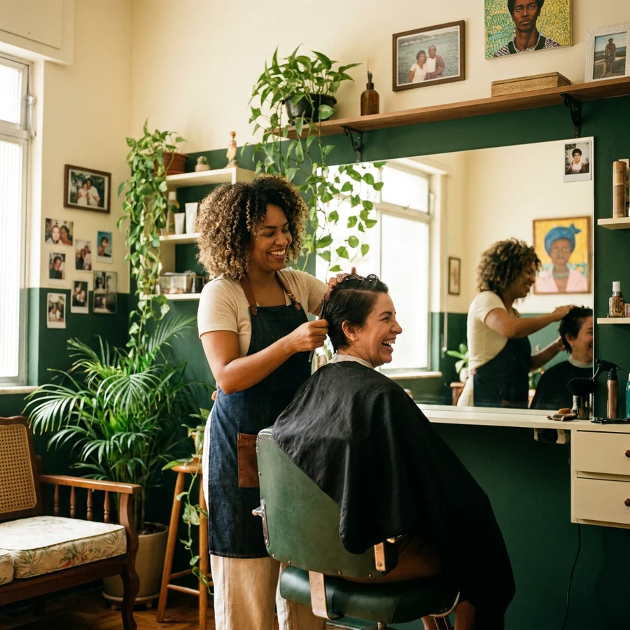 Cabeleireira com avental cortando o cabelo de uma cliente em salão com espelhos e plantas