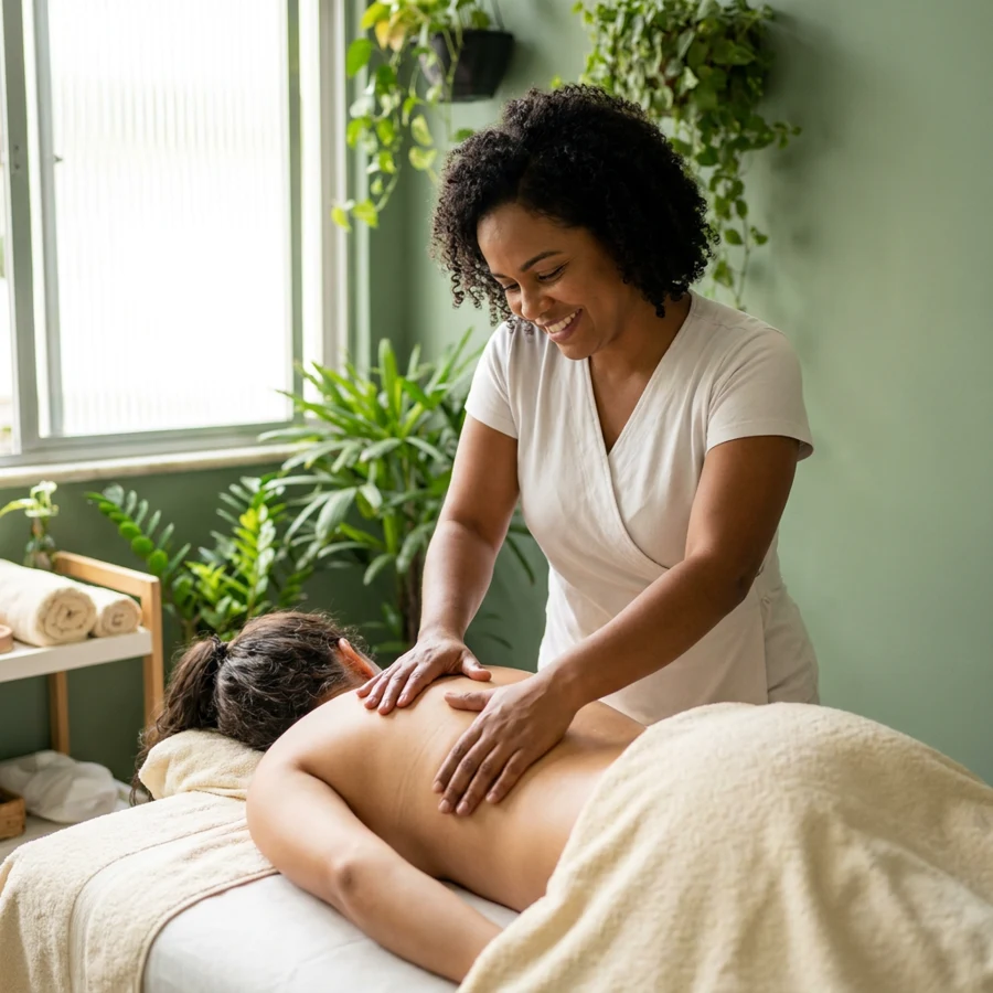 Massoterapeuta sorrindo durante uma massagem nas costas de uma cliente, em ambiente com plantas e luz natural