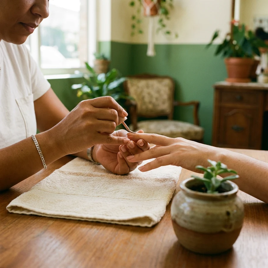 Manicure pintando as unhas de uma cliente sobre uma mesa de madeira